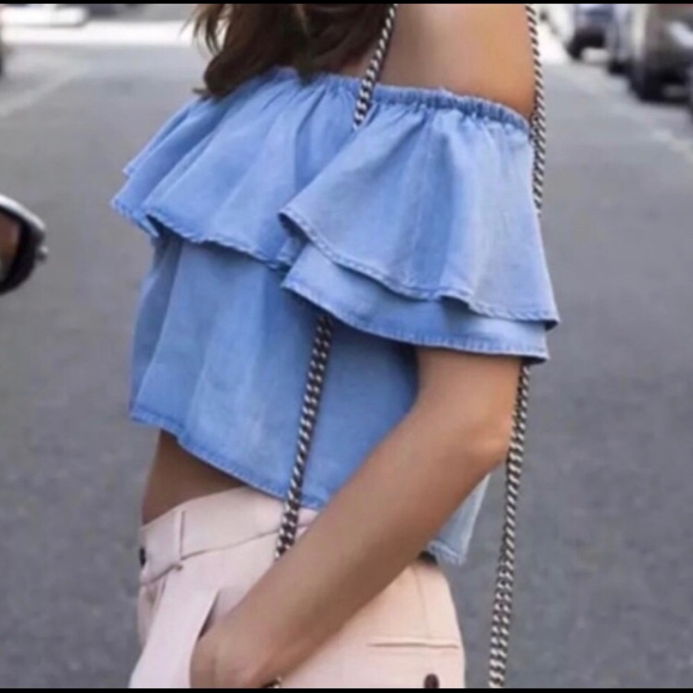 Zara Blue Denim Off the Shoulder Crop Top